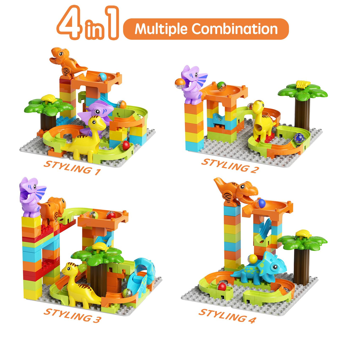 burgkidz Murmelbahn Bauklötze Dinosaurier Set, 78-teiliges Interaktive Kugelbahnen Labyrinth Spiel Kompatibel Konstruktionsspielzeug, STEM Pädagogisches Geschenk für Kinder Alter von 3+ Jahren