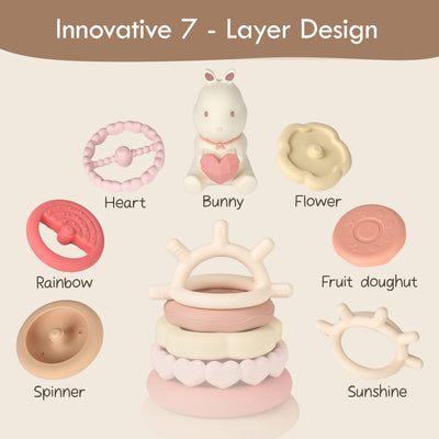 Moonkie Hase Stapelturm Baby, Silikon Spielzeug mit Ringen, Stapelspiel für Kleinkind Mädchen ab 6 Monate 1 2 3 Jahr, Beißring Baby, Sensorik Montessori Spielzeug, 7 Teiliges Set, Babygeschenke
