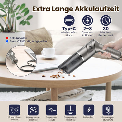 MZGO Handstaubsauger, 12000 Pa leistungsstarker Autostaubsauger, Leichter Mini-Handstaubsauger mit drehbarem Griff, Starke Zyklonsaugung für die Reinigung von Autos, Treppen, Sofas und Ecken.