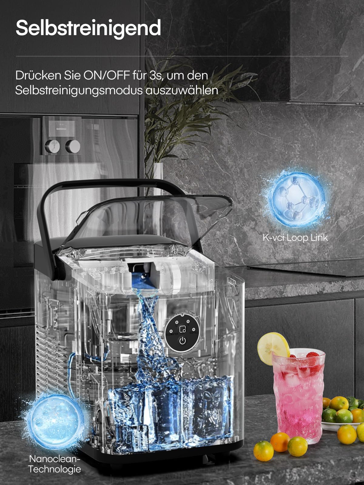 FOHERE Eiswürfelmaschine 14kg 24 Stunden, Eiswürfel in 5 Min, 2 Größen von Bullet Ice, Selbstreinigender Eiswürfelbereiter mit Griff, Eisschaufel u. Korb, Ice Maker für Party Büro RV (Rosa)