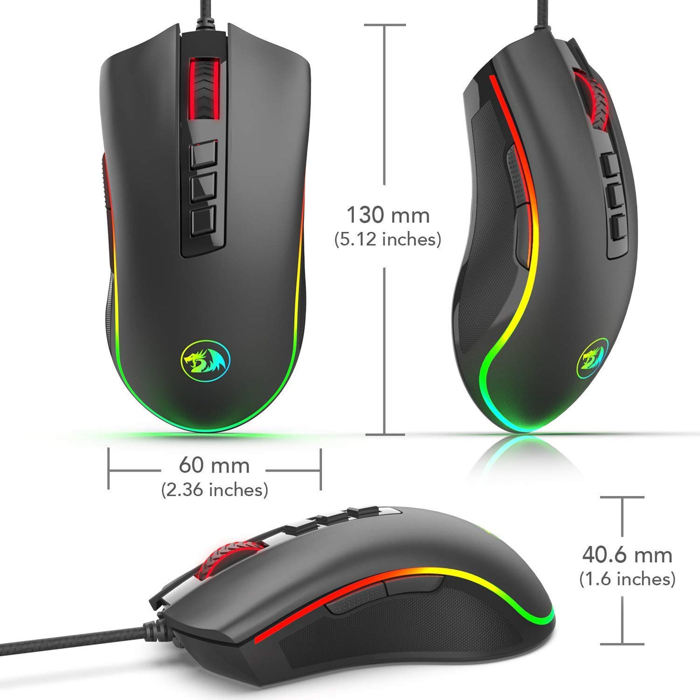 Redragon M711 Cobra Gaming Maus mit 16,8 Millionen RGB-Farben und Hintergrundbeleuchtung, 10.000 DPI Einstellbar, Komfortabler Griff, 7 Programmierbare Tasten, Schwarz