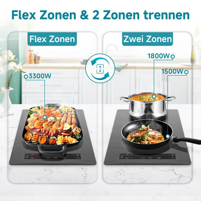 AMZCHEF Induktionskochfeld 2 platten, induktionskochplatte mit Flexzonen und Stecker, 10 Leistungsstufen, Sicherheitsschloss und Timer, Überhitzungsschutz, Berührungssteuerung, BBQ, 3300W(Grau)