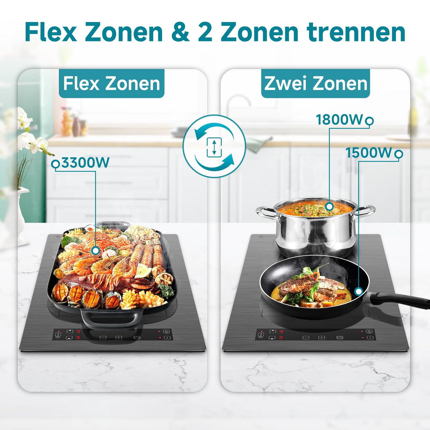 AMZCHEF Induktionskochfeld 2 platten, induktionskochplatte mit Flexzonen und Stecker, 10 Leistungsstufen, Sicherheitsschloss und Timer, Überhitzungsschutz, Berührungssteuerung, BBQ, 3300W(Grau)