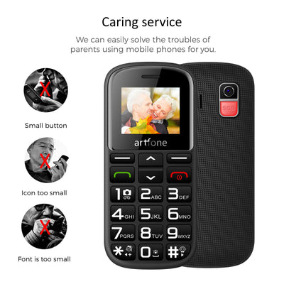 artfone CS182 Seniorenhandy ohne Vertrag丨Mobiltelefon mit großen Tasten丨GSM Dual SIM Rentner Handy丨Ladestation丨SOS Notruftaste丨1,8 Zoll Farbdisplay丨FM丨Lange Standby-Zeit丨Großtastenhandy - Schwarz