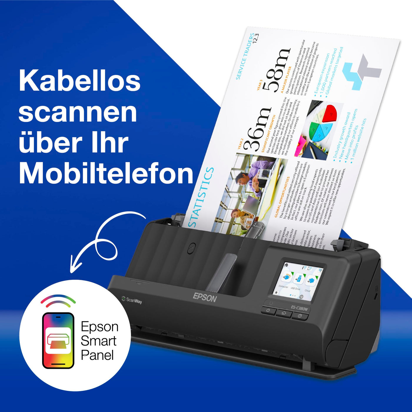 Epson Netzwerk Scanner ES-C380W, kompakter A4 Business Scanner mit geringem Stromverbrauch, Duplex-Einzugscanner mit vielseitiger Medienverarbeitung, schwarz