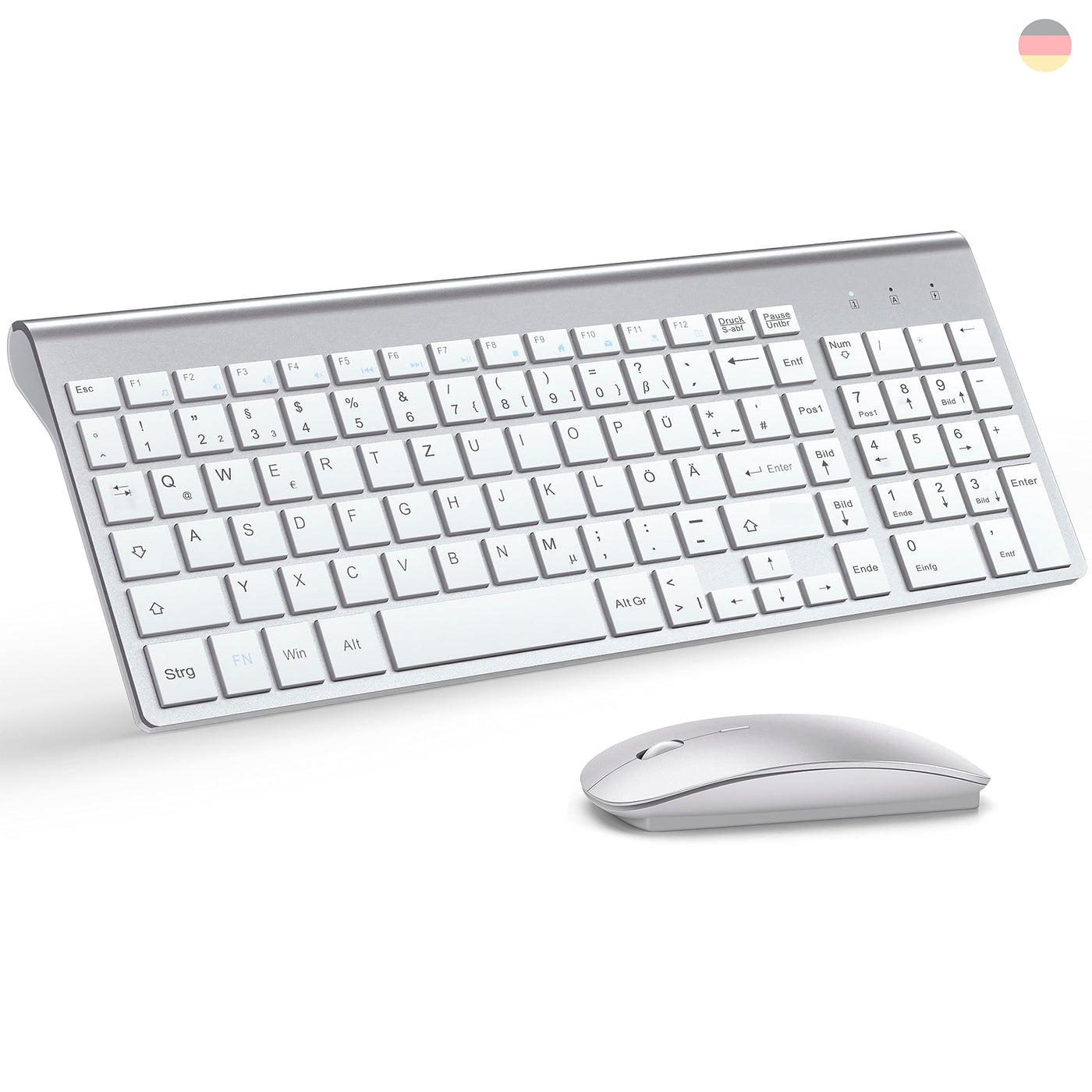 Tastatur Maus Set Ultra Slim, TopMate 2,4G Stille Compact USB 2400DPI Maus und Schissschalter Tastatur mit Abdeckung mit 2 AA & 2 AAA Batterien für PC/Laptop/Windows/Mac - Silber Weiss