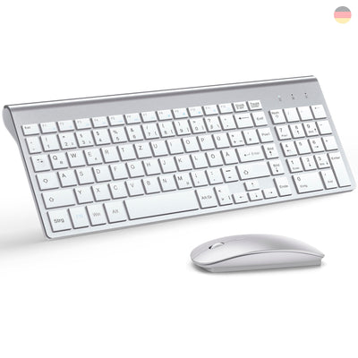 Tastatur Maus Set Ultra Slim, TopMate 2,4G Stille Compact USB 2400DPI Maus und Schissschalter Tastatur mit Abdeckung mit 2 AA & 2 AAA Batterien für PC/Laptop/Windows/Mac - Silber Weiss