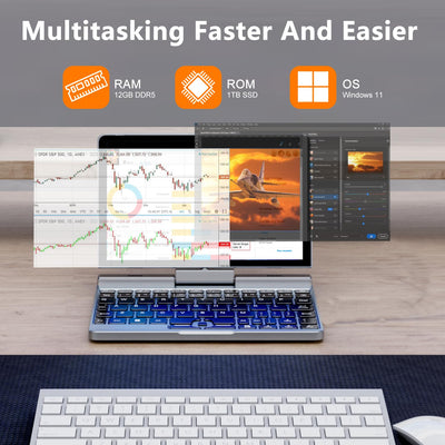 Crelander 2-in-1-Mini-Laptop | 8-Zoll-Touchscreen tragbarer kleiner Taschencomputer | Intel N100 Prozessor der 12. Generation | 12 GB DDR5 RAM 1 TB SSD | PD 30 W Aufladung | WiFi6 BT5.2 | Tastatur mit