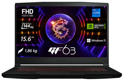 MSI Thin GF63 12UCX-1011, Gaming Laptop, 39,6 cm (15,6 Zoll) FHD, 144 Hz, Intel Core i5-12450H Prozessor, 16 GB DDR4-3200, 512 GB SSD, NVIDIA GeForce RTX 2050, Windows 11 Home, QWERTZ Tastatur