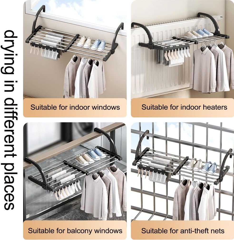 johgee 64-110cm heizkörper Wäscheständer heizkörpertrockner wäscheständer Balkon, ausziehbar wäschetrockner, 6.6m Trockenleinenlänge multifunktional wäscheständer Turm Wäscheständer balkongeländer