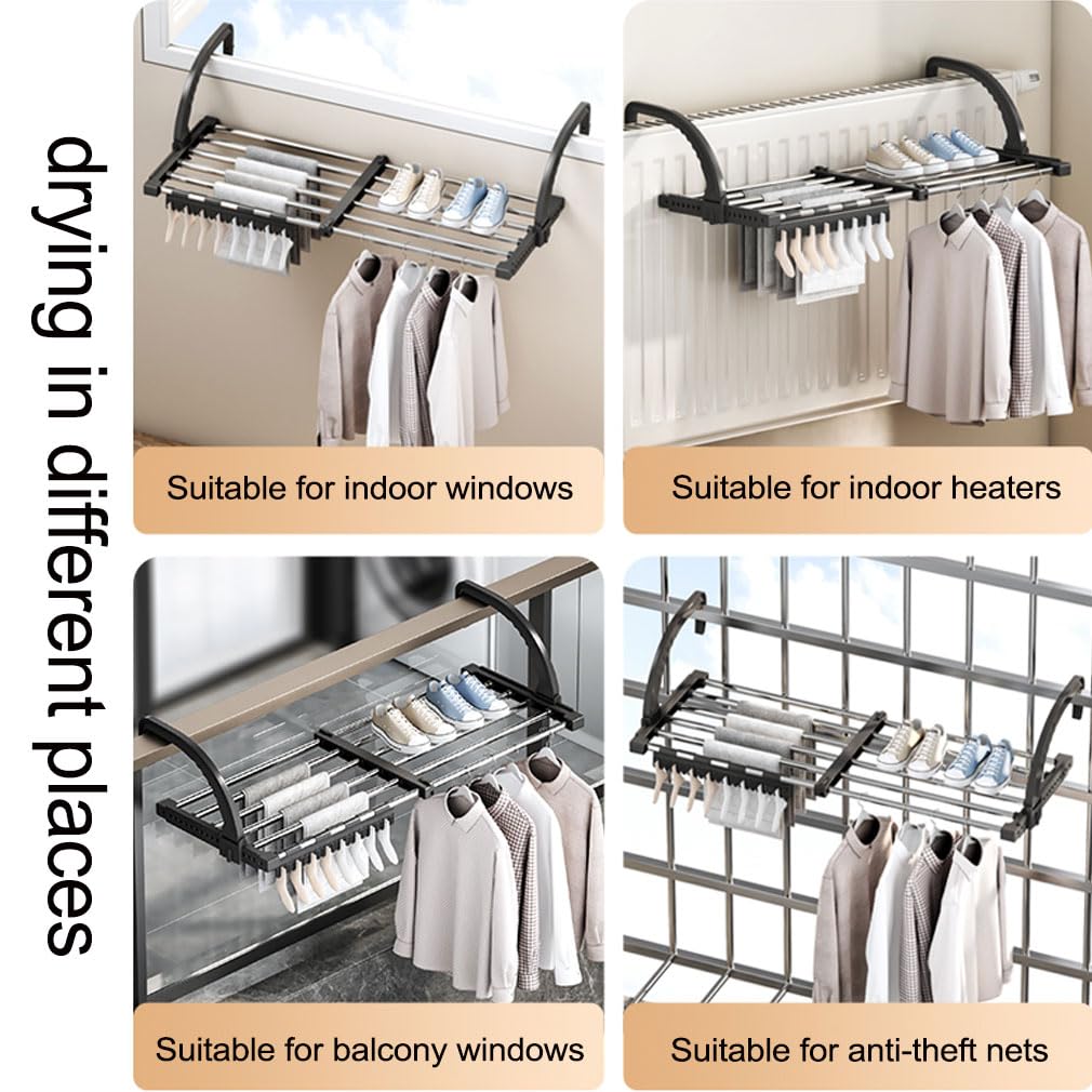 johgee 64-110cm heizkörper Wäscheständer heizkörpertrockner wäscheständer Balkon, ausziehbar wäschetrockner, 6.6m Trockenleinenlänge multifunktional wäscheständer Turm Wäscheständer balkongeländer