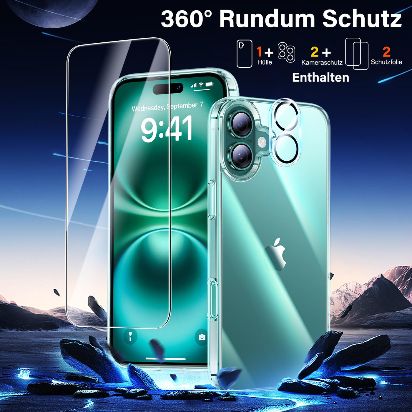 UniqueMe für iPhone 16 Hülle - Handyhülle für iPhone 16 Case, 5 in 1 Set Rundumschutz Schutzhülle Cover,1 Handyhülle & 2 Schutzfolie & 2 Kameraschutz - Transparent