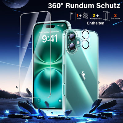 UniqueMe für iPhone 16 Hülle - Handyhülle für iPhone 16 Case, 5 in 1 Set Rundumschutz Schutzhülle Cover,1 Handyhülle & 2 Schutzfolie & 2 Kameraschutz - Transparent