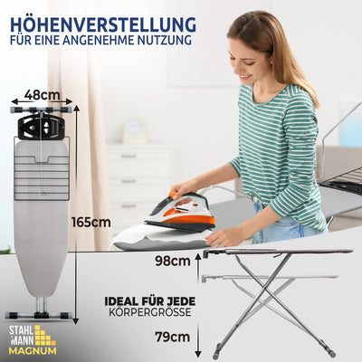 STAHLMANN ® Bügelbrett aus Aluminium [120x42 Bügelfläche] inkl. Ärmelbügelbrett – Bügeltisch – extra stabiles Bügelbrett [Made IN EU] – Bügelbrettbezug [100% Baumwolle]