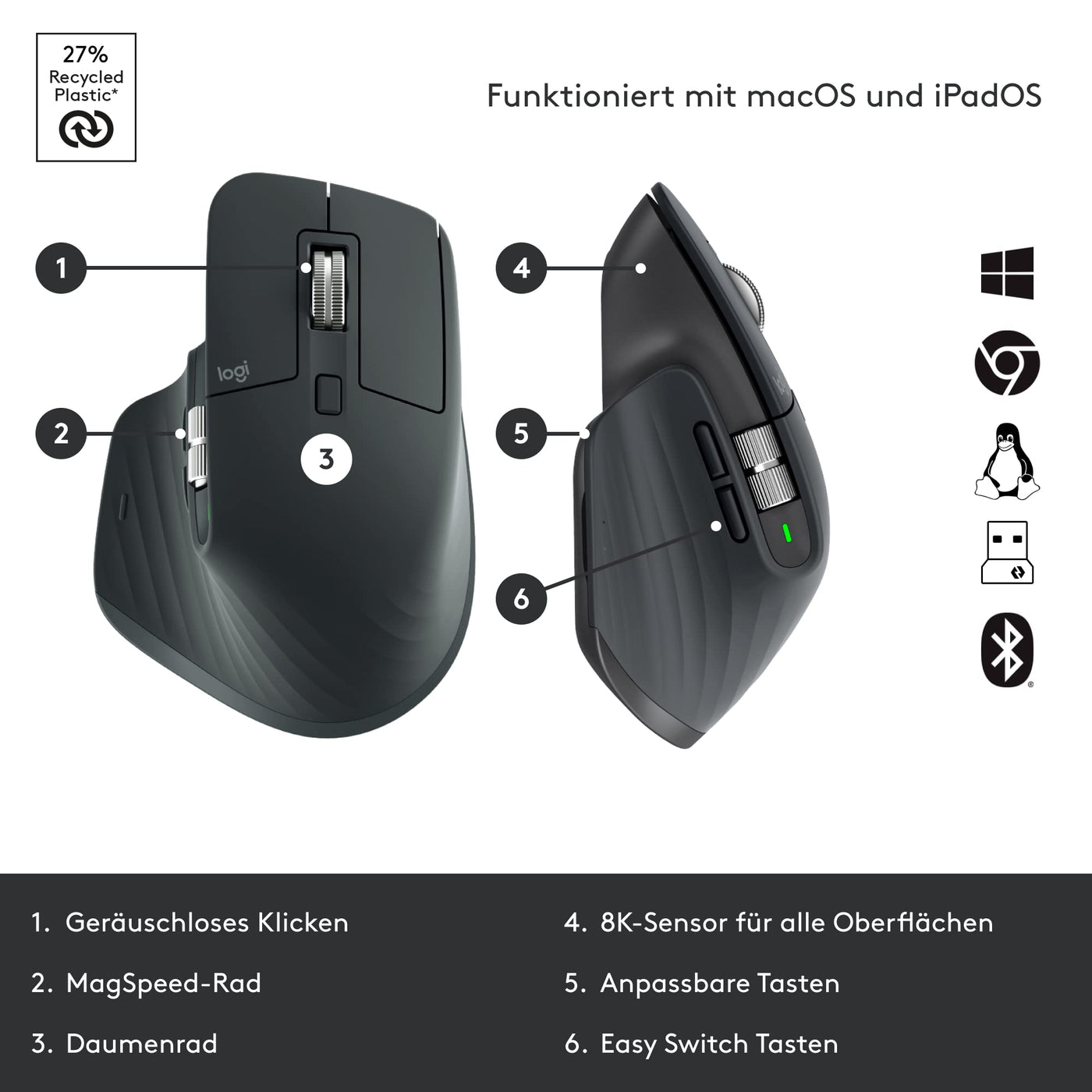 Logitech MX Mechanical kabellose beleuchtete Tastatur Standardgröße Linear, MX Master 3S kabellose Hochleistungs-Bluetooth-Maus, macOS, Windows, Linux, iOS, Android, DEU QWERTZ - Grau