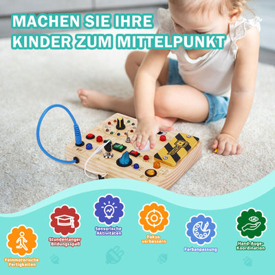 Busy Board Montessori Spielzeug ab 1 jahr Activity Board Holzspielzeug Mit 10 Schaltern und 23 LED Lichtern Sensorik Spielzeug Motorikspielzeug für Babys und Kinder ab 1 2 3 4 Jahre Jungen und Mädchen