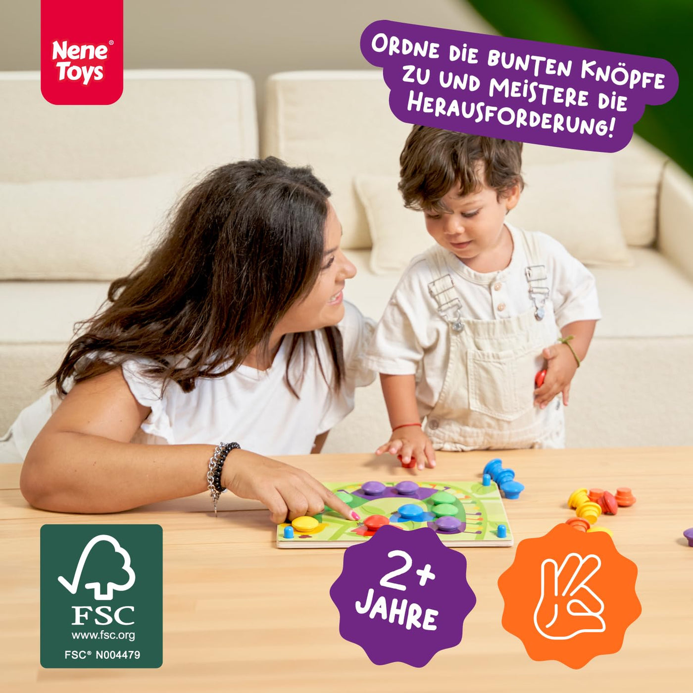 Nene Toys Holz-Steckspiel für Kleinkinder ab 2 Jahren - Mosaik Steckspiel für Kinder 2 3 Jahre - Montessori Spielzeug mit Bunten Knöpfen & Zuordnungskarten - Lernspiele für 2 jährige Jungen Mädchen