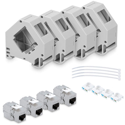 kwmobile Keystone Modul und Hutschienenadapter Set - passt auf genormte Hutschiene - 4X CAT 6A Module 4X Halter - RJ45 Buchse geschirmt - werkzeuglos