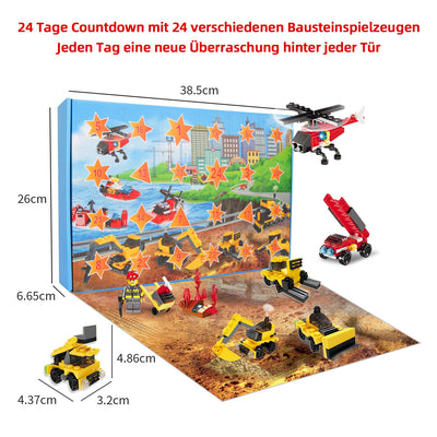 Rosami Adventskalender 2025 Kinder – Weihnachtskalender mit 24 Weihnachtsspielzeuge, Auto-Bausteine & Feuerwehr-Spielzeug, Geschenk für Jungen Mädchen