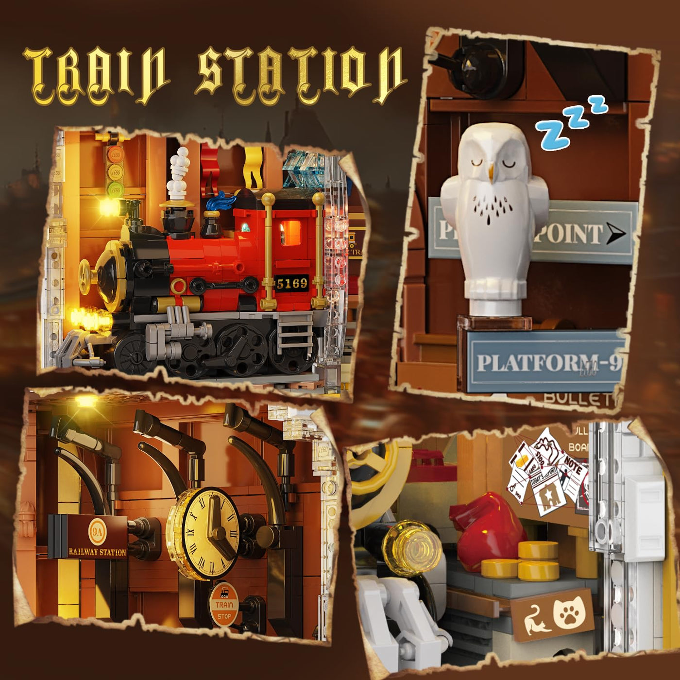 HOGOKIDS Magischer Bahnhof Book Nook Bauspielzeug Set mit LED, 1300 Pcs Buchstützen-Bausteinsatz für Bücherregal, Heimdekoration, DIY Booknook Geschenke für Erwachsene, Jungen Mädchen ab 10 Jahren