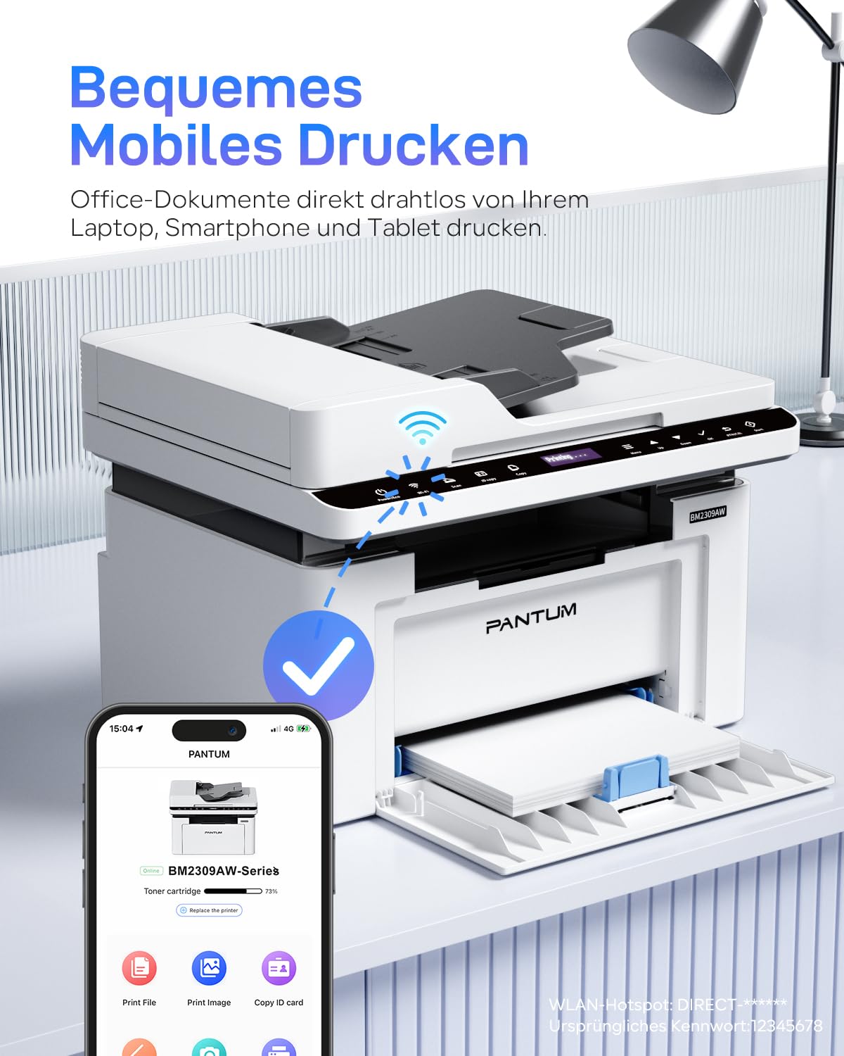 PANTUM BM2309AW Multifunktions-Laserdrucker, Schwarz-Weiß, Drucken Scannen Kopieren 3in1 mit ADF, WLAN &USB, A4, 20ppm, Inklusive 500-Seiten-Starter-Tonerkartusche