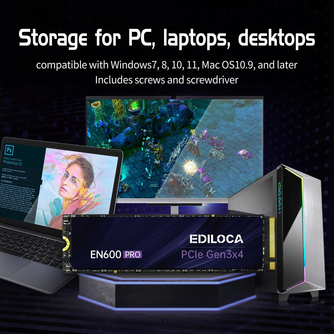 Ediloca EN600 PRO 512 GB Interne SSD PCle 3.0x4, NVMe M.2 2280, SLC-Cache, 3200 MB/s Lesen, 2800 MB/s Schreiben, 3D NAND TLC, Internes Solid State Drive, kompatibel mit Desktops und Laptops