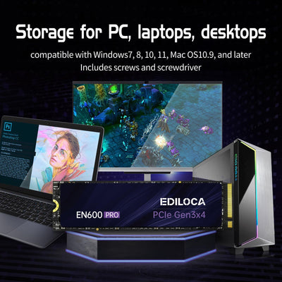 Ediloca EN600 PRO 512 GB Interne SSD PCle 3.0x4, NVMe M.2 2280, SLC-Cache, 3200 MB/s Lesen, 2800 MB/s Schreiben, 3D NAND TLC, Internes Solid State Drive, kompatibel mit Desktops und Laptops