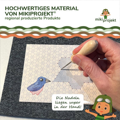 mikiprojekt® 10x Prickel Set Kinder - Made in Germany - 10x ergonomische Prickelnadel Holz + 10x Prickelunterlage Filz (20x15x1 cm) - XXL Prickelset für Gruppen - Vorteilspreis – sicheres Prickeln
