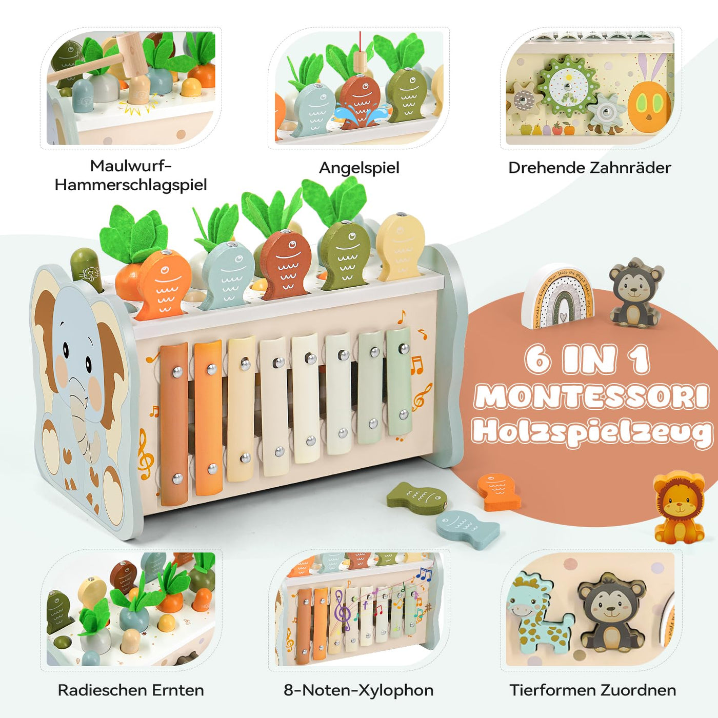 Montessori Spielzeug ab 1 Jahr, 6 in 1 Holzspielzeug ab 1 Jahr, Motorikspielzeug mit Hammerspiel Angelspiel Xylophon Rotierendes Zahnrad, Kinderspielzeug Geschenk 1 2 3 Jahre Mädchen Junge