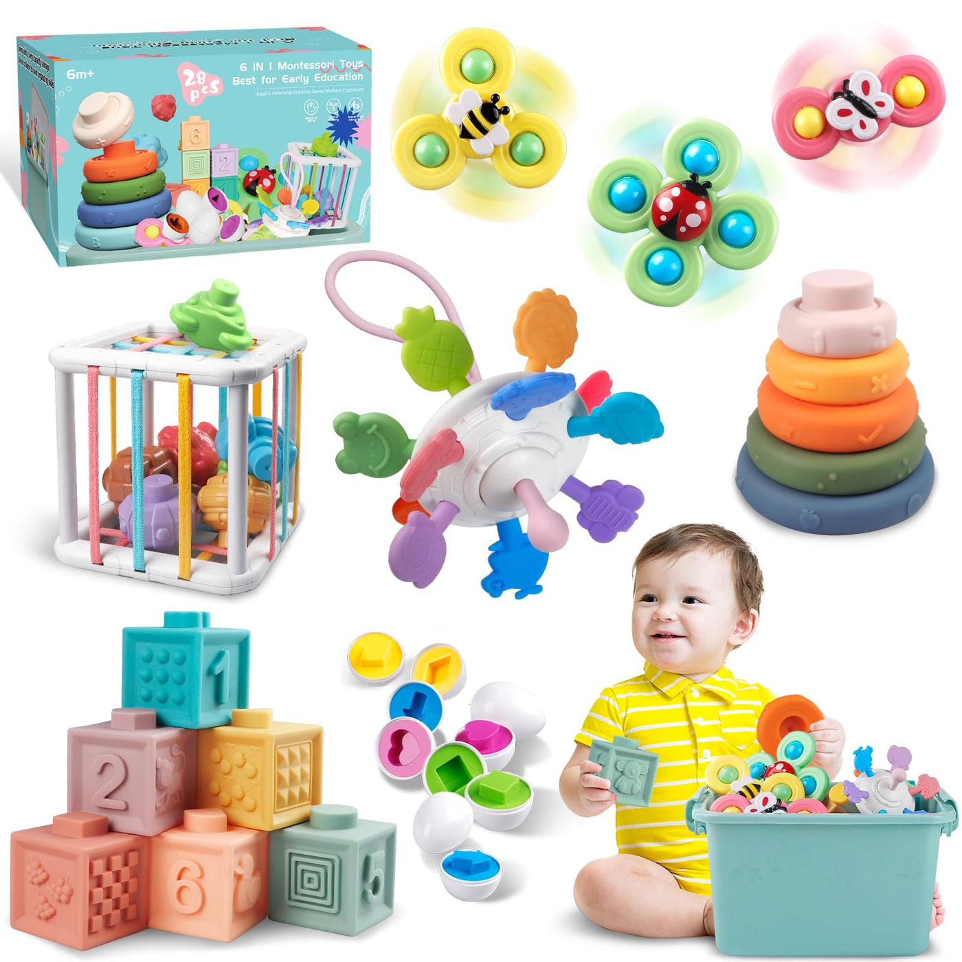 Baby Spielzeug für 6 bis 12 Monate, Montessori Spielzeug für Babys, Sensorisches Baby Spielzeug, 6 in 1 Motorikspielzeug, Stapelspielzeug Blöcken und Ringen, passende Eier (6 in 1)