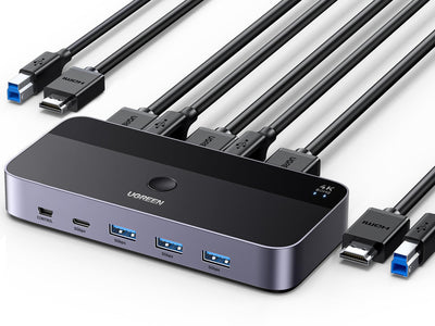 UGREEN HDMI 2.0 KVM Switch 4K@60Hz USB 3.0 Switch 4 USB Ports (3*USB 3.0+ USB C) Sharing 1 Monitor und Tastatur, Maus, Drucker, U disk für 2 PC mit 2 USB Kabeln und 2 HDMI Kabeln.