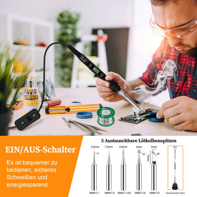 Lötkolben Set 80W LCD Einstellbar Temperatur 180-520°C Lötkolben mit Ein/Aus Schalter, 50g Lötdraht, 5 Lötspitzen, Entlötpumpe, Lötkolbenständer, Pinzette, Lötset für Elektrische Arbeiten