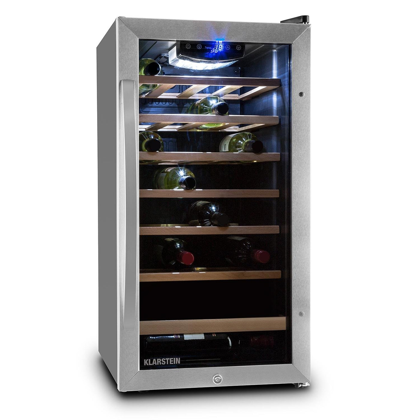 Klarstein Vivo Wine 26 Wine Cellar - Beverage cooler, 26 bottles, 88 L, LED, temperature control, Interchangeable hinge, Door on both sides, stainless steel, Silver