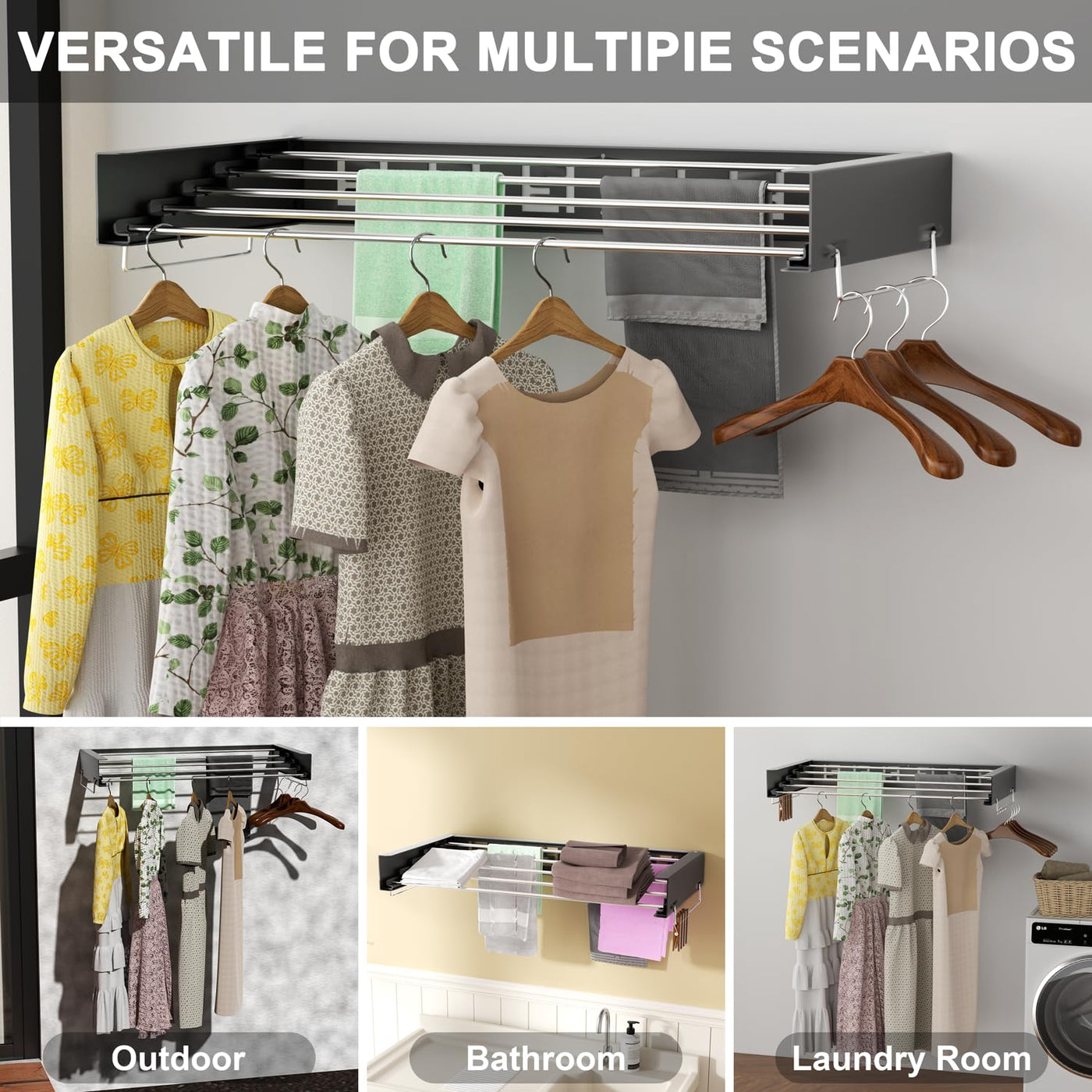 IBVIVIC Wand Wäschetrockner ausziehbar 80cm, Wäscheständer klappbar für Innen oder Außen, platzsparend kompakt, Schwarz