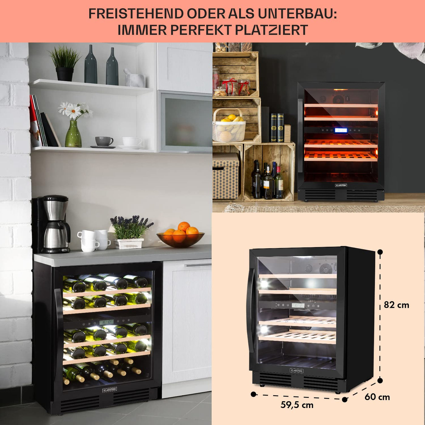 Klarstein Einbau-Weinkühlschrank, 2 Zonen Getränkekühlschrank Klein, Kleiner Weinschrank 129L, Wein-Kühlschrank Klein mit Glastür, Indoor/Outdoor Flaschenkühlschrank, Wine Fridge für 43 Flaschen