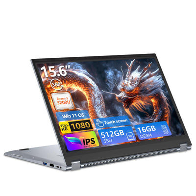 2 in 1 Laptop, 15,6 Zoll Laptop 16 GB RAM 512 GB SSD, Win 11 Pro Notebook Ryzen 3 3200U CPU, Touch-Screen 1920x1080, RJ45, Type-C, Mini-HDMI, Radeon Graphics GPU, Dünnes und Leichtes PC Computer