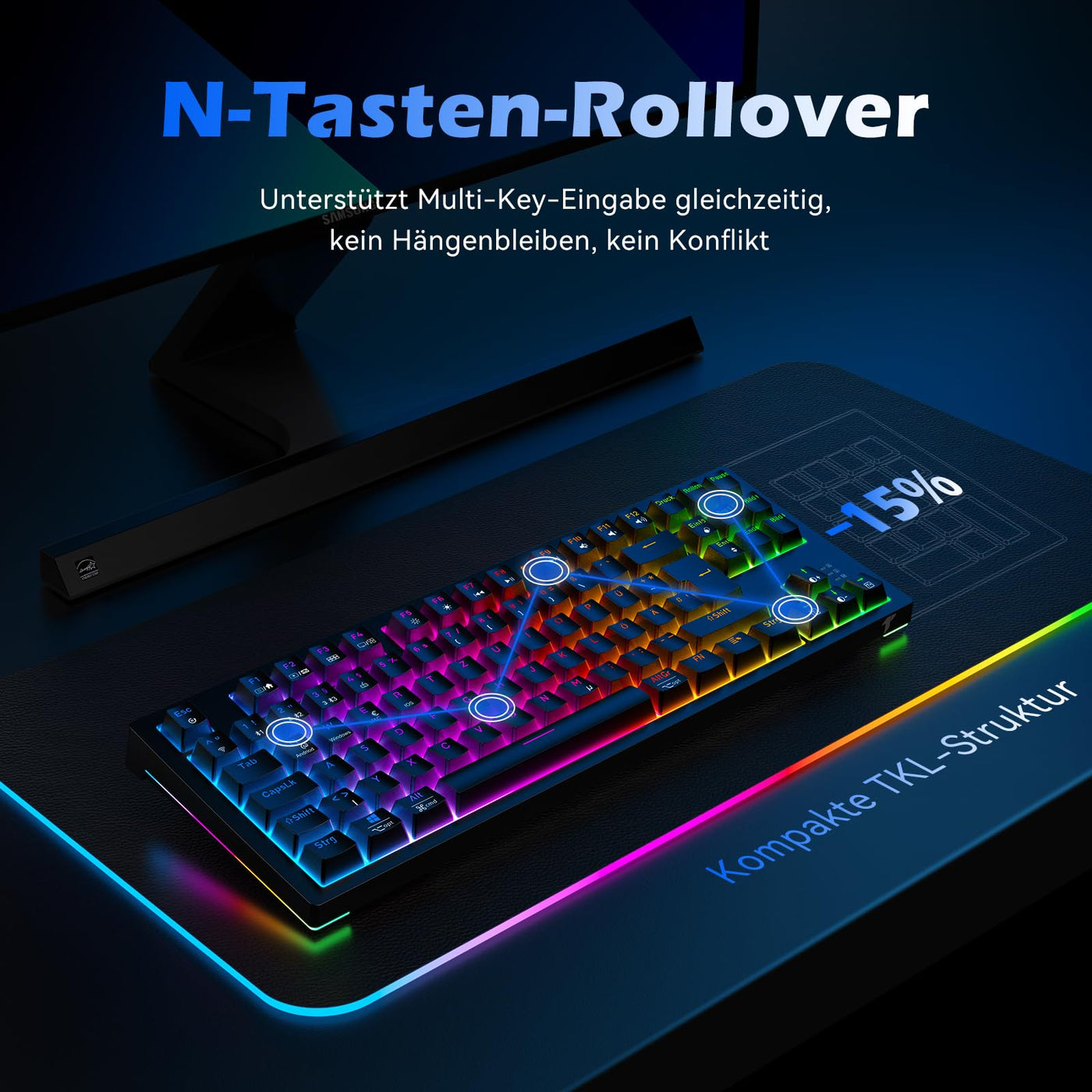 TECURS Gaming Tastatur - Mechanische Tastatur Kabellos Programmierbare 80% TKL QWERTZ mit Rote Schalter, RGB-Beleuchtung, Multimedia-Tasten, Mechanical Keyboard für PC/Mac/PS4/PS5, Schwarz