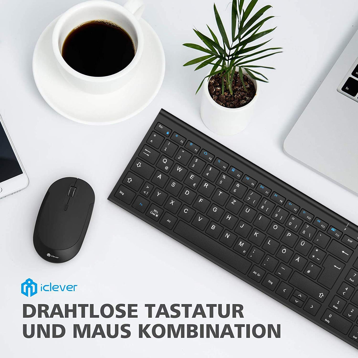iClever 2.4G Tastatur Maus Set Kabellos, Aluminium Wireless Slim Tastatur QWERTZ Layout (Deutsch), für Computer/Desktop/PC/Laptop/Oberfläsche/Windows 10/8/7/Vista/XP (2.4GHz, USB)