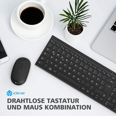 iClever 2.4G Tastatur Maus Set Kabellos, Aluminium Wireless Slim Tastatur QWERTZ Layout (Deutsch), für Computer/Desktop/PC/Laptop/Oberfläsche/Windows 10/8/7/Vista/XP (2.4GHz, USB)