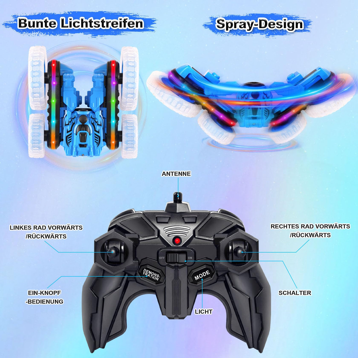 MidiVix Ferngesteuertes Auto, 360°rotierende 4WD RC Autos mit Seitenlichtern und Scheinwerfern, 2.4Ghz Doppelseitig RC Stunt Car mit Spray, RC Drift Spielzeugauto und Geschenke für Kinder (Blau)