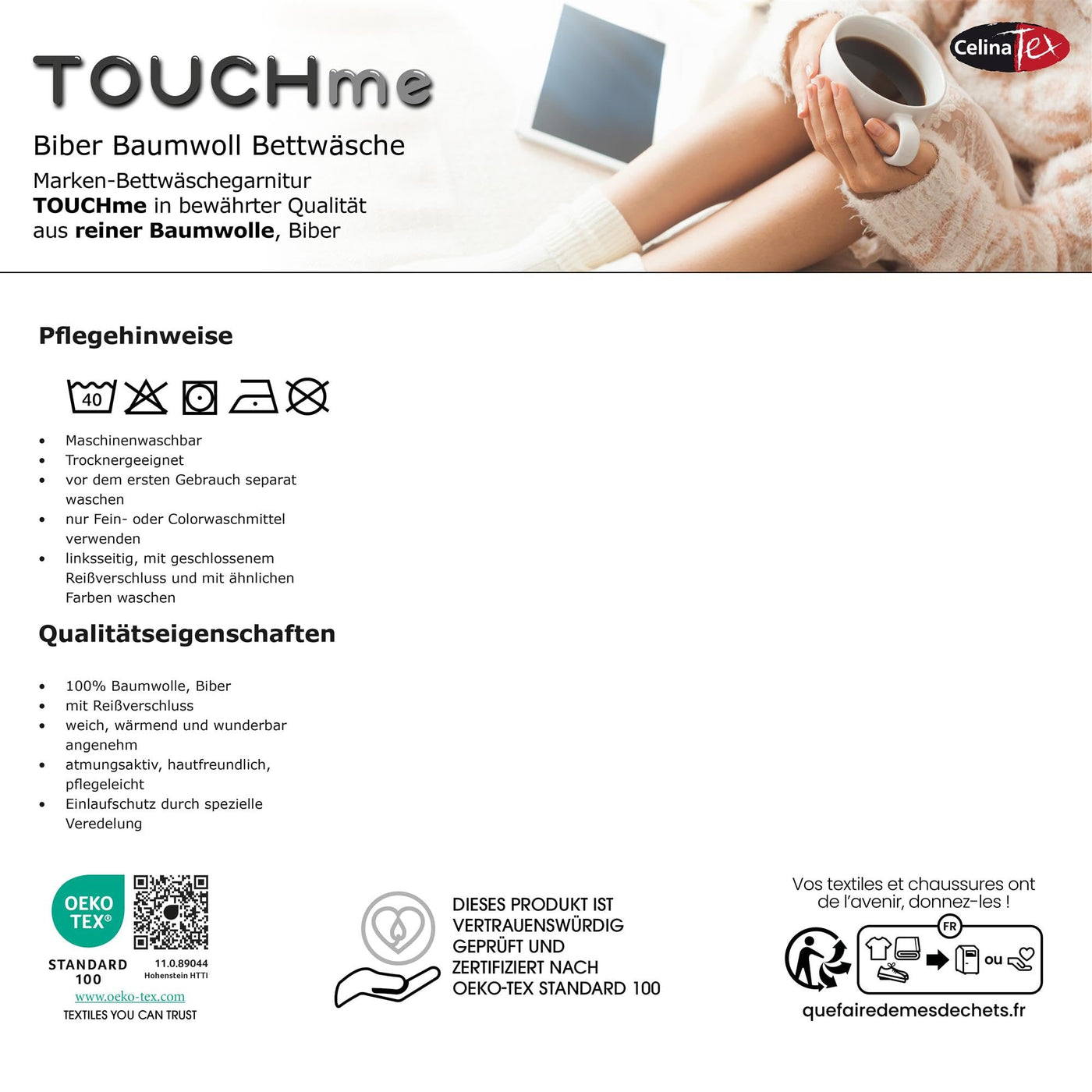 CelinaTex Touchme Biber Bettwäsche 135 x 200 cm 2teilig Baumwolle Bettbezug, Set, Bettgarnitur für Sommer und Winter, ganzjährig, pflegeleicht, Rabea Herz weiß grau schwarz