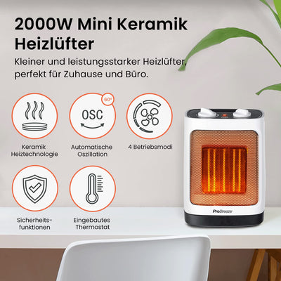 Pro Breeze 2000W Mini Keramik Heizlüfter energiesparend mit automatischer Oszillation, Zwei Leistungsstufen, Kleine Elektroheizung leise für Wohnzimmer, Büro, Terasse - Weiß
