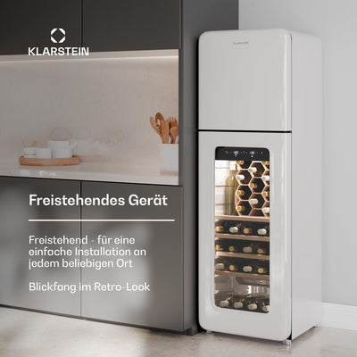 Klarstein Shirley Weinkühlschrank Mit Gefrierfach - 63 Flaschen, Zwei Zonen, –10 bis 18 °C, LED, Freistehend, Retro-Design, Hybrid-Regale, Schwarz
