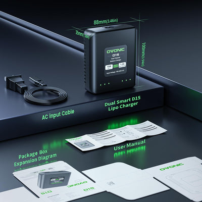OVONIC D15 Lipo Akku Ladegerät Dual Channel Ladegerät 1.2A 15W für 1S-3S LiPo Life LiHv Akku Ladegerät