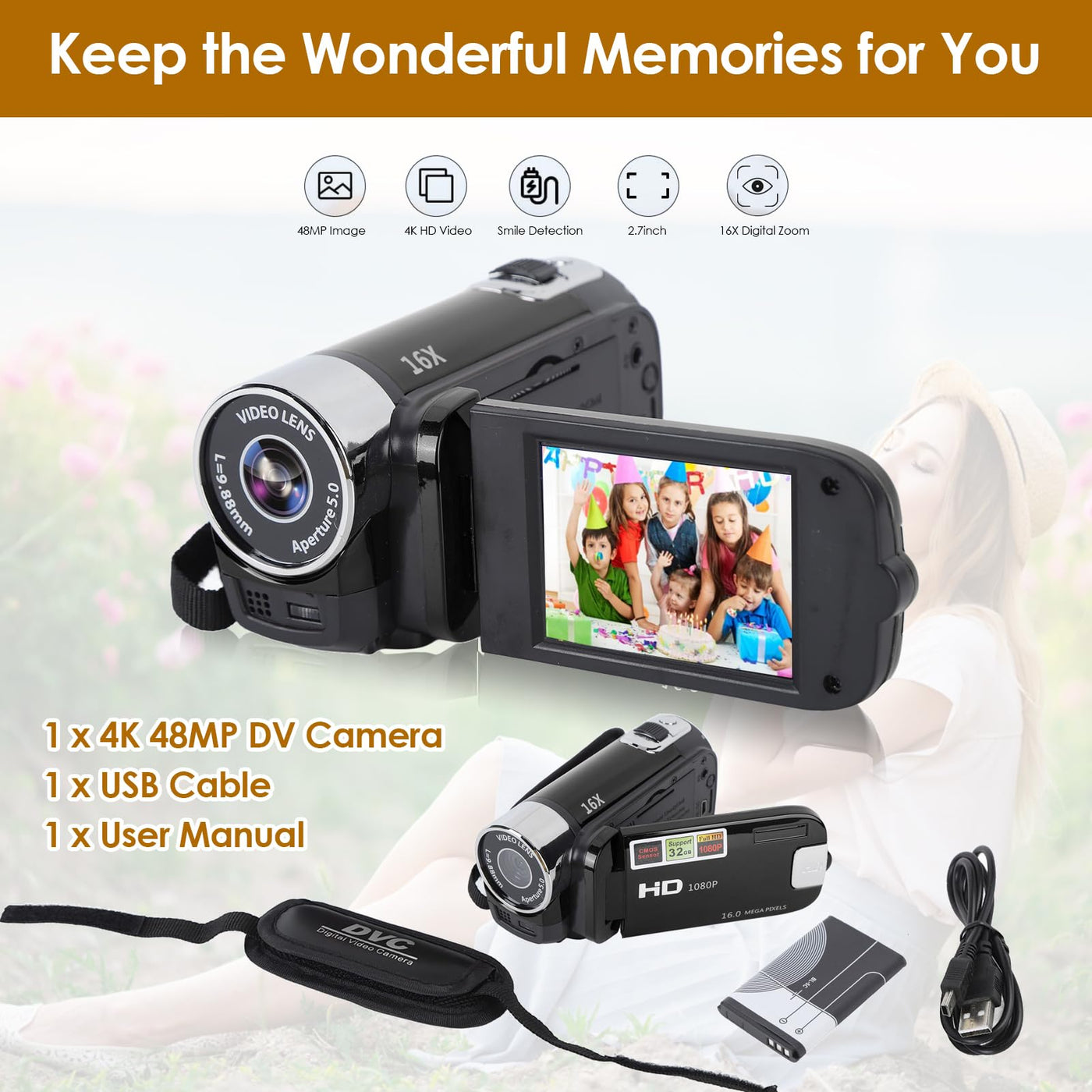 Videokamera für Vlogging, 1080P Full HD-Camcorder, 16 MP 16-facher Digitalzoom, Drehbarer 2,7-Zoll-TFT-Bildschirm, mit Fülllicht und USB-Anschluss (Schwarz)