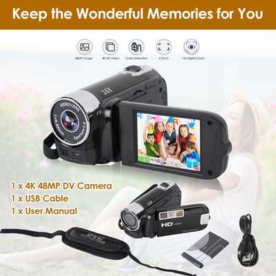 Videokamera für Vlogging, 1080P Full HD-Camcorder, 16 MP 16-facher Digitalzoom, Drehbarer 2,7-Zoll-TFT-Bildschirm, mit Fülllicht und USB-Anschluss (Schwarz)