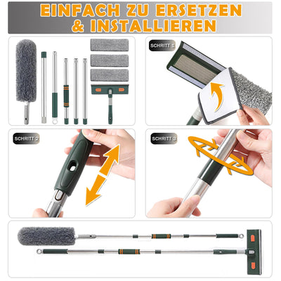Dubest Fensterwischer mit teleskopstiel,Profi Fensterputzer Set mit 3 Mikrofaserpads und Staubwedel,180 Rotationskopf Fensterabzieher Glasreinigungswerkzeuge für Hohe Fenster im Outdoor und Zuhause