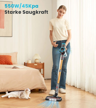CHEBIO 45000Pa/550W/60Min Akku Staubsauger, Staubsauger Kabellos mit Selbststehendes Design, Staubsauger mit Anti-Tangle-Bürste und 5-Loch-Hocheffizienzfiltration für Hartböden, Teppich, Tierhaare