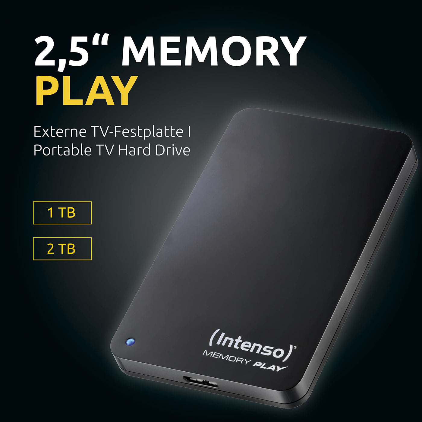 Intenso 6021480 Memory Play Portable Hard Drive 2TB, tragbare externe TV-Festplatte - 2,5 Zoll, 5400 U/min, 8MB Cache, USB 3 inkl. TV-Halterung, schwarz