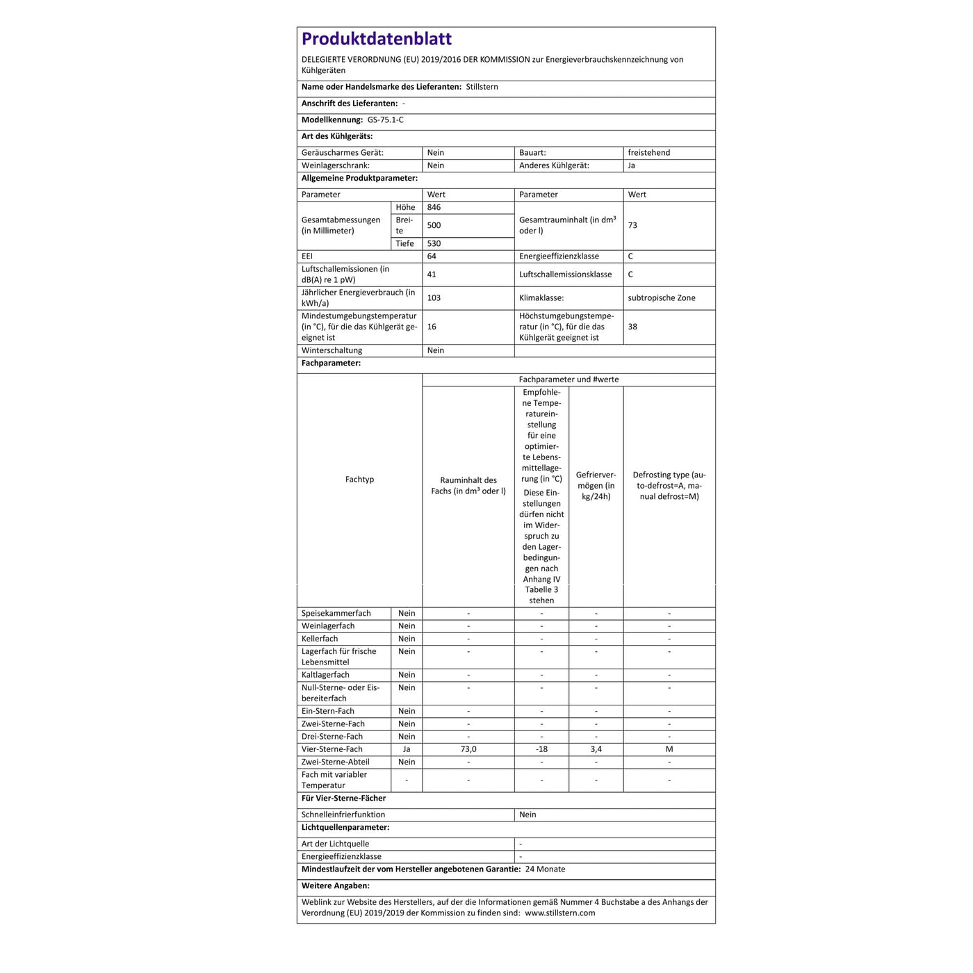 Stillstern Gefrierschrank C (73L) 4-Sterne-Gefrierfach -18°C, geringer Energieverbrauch, 3 Fächer, stufenlos regelbare Temperatur, wechselbarer Türanschlag, Gefrierschrank Klein, Tiefkühlschrank